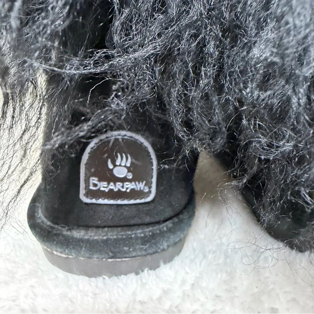 Bearpaw Boo Bootie Winter Boot Fuzzy Lamb Fur Cuff Suede Black Size 9